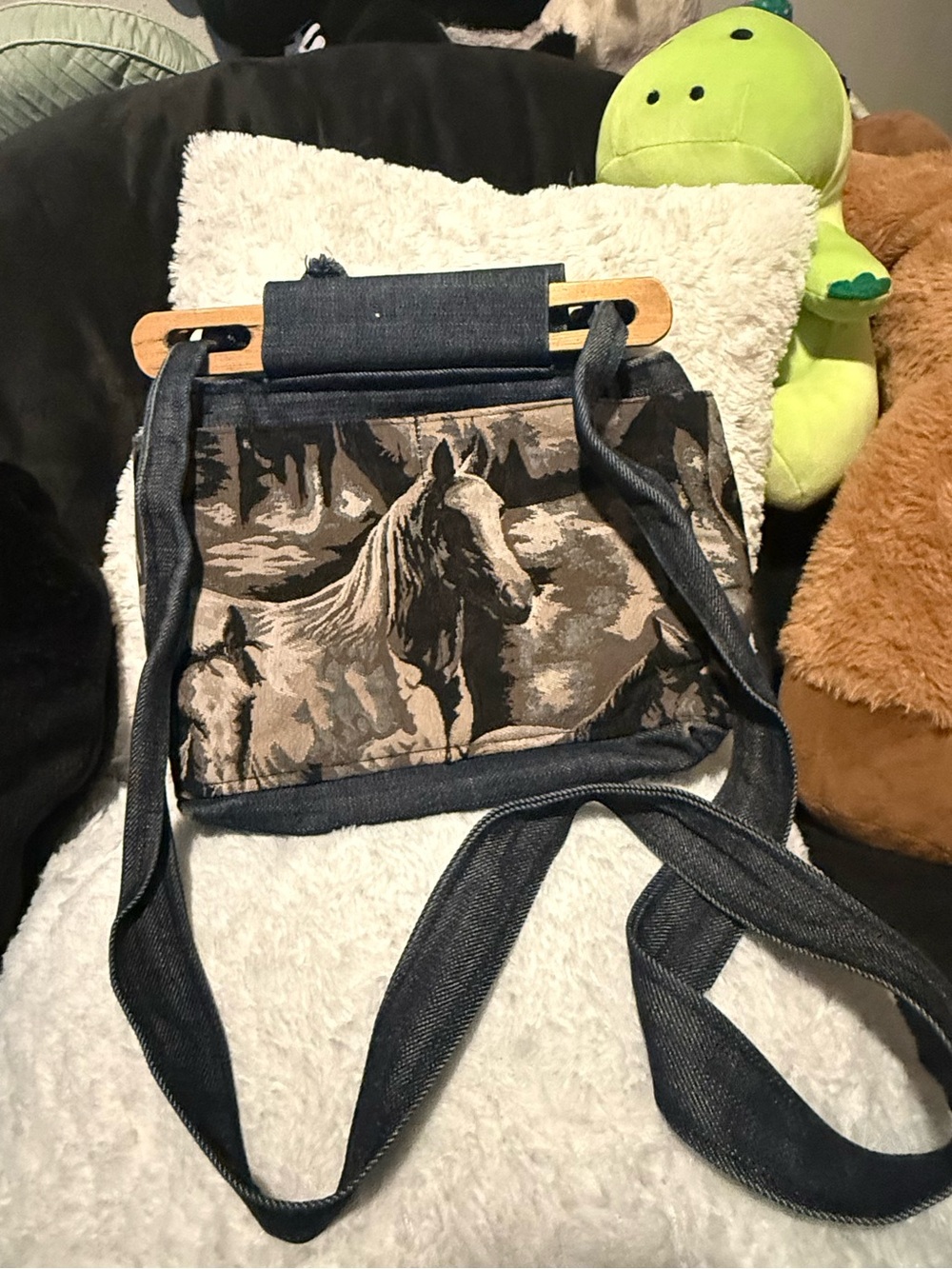 Horse Print Denim Crossbody Bag in Blue